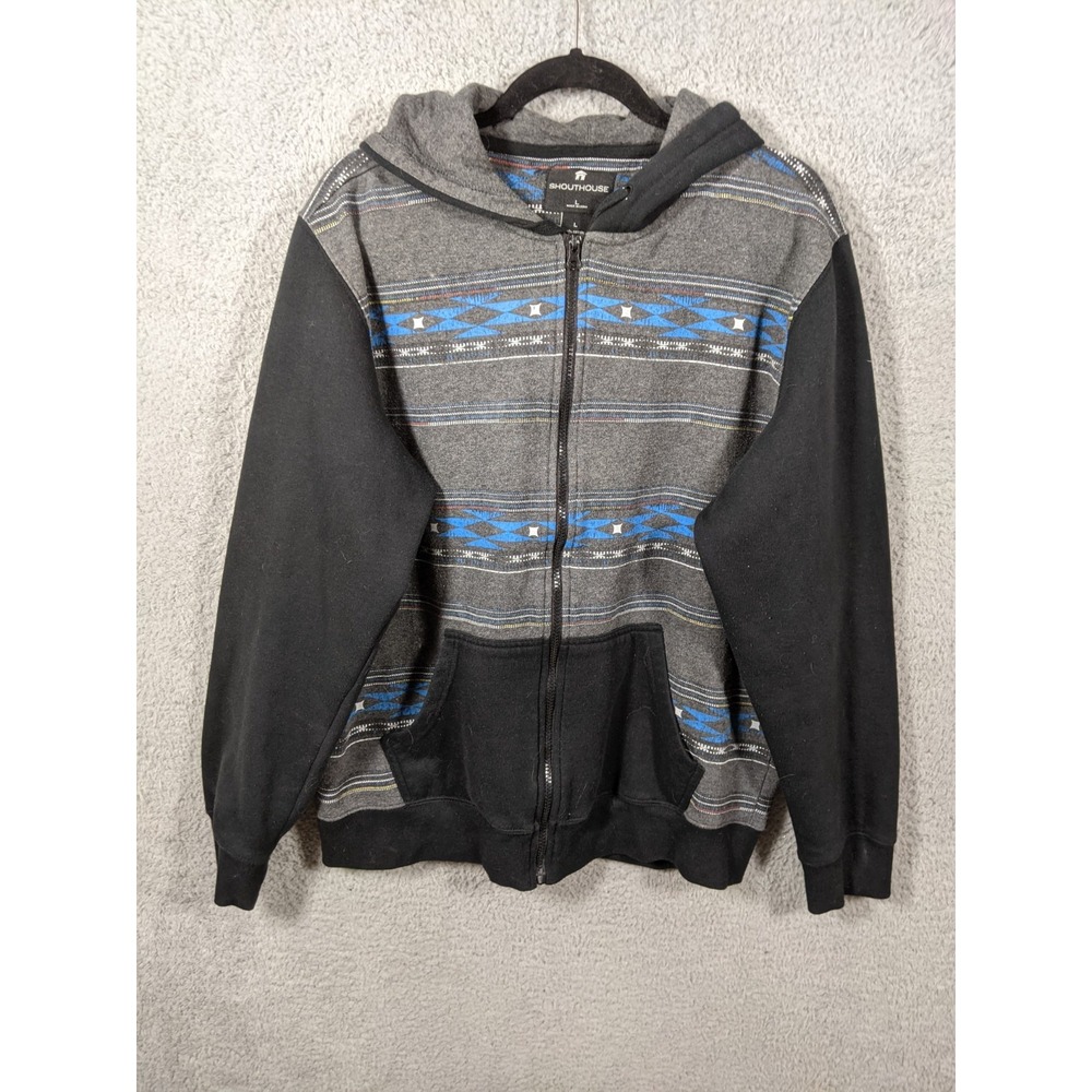 Shout House Fleece Zip Hoodie Men L Gray Black Aztec Print Y2K Skater Streetwear